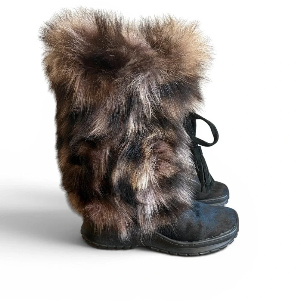 Winna Italian Fur Pony Hair Leather Tassel Sherpa Lined Winter Snow Boots Sz 38